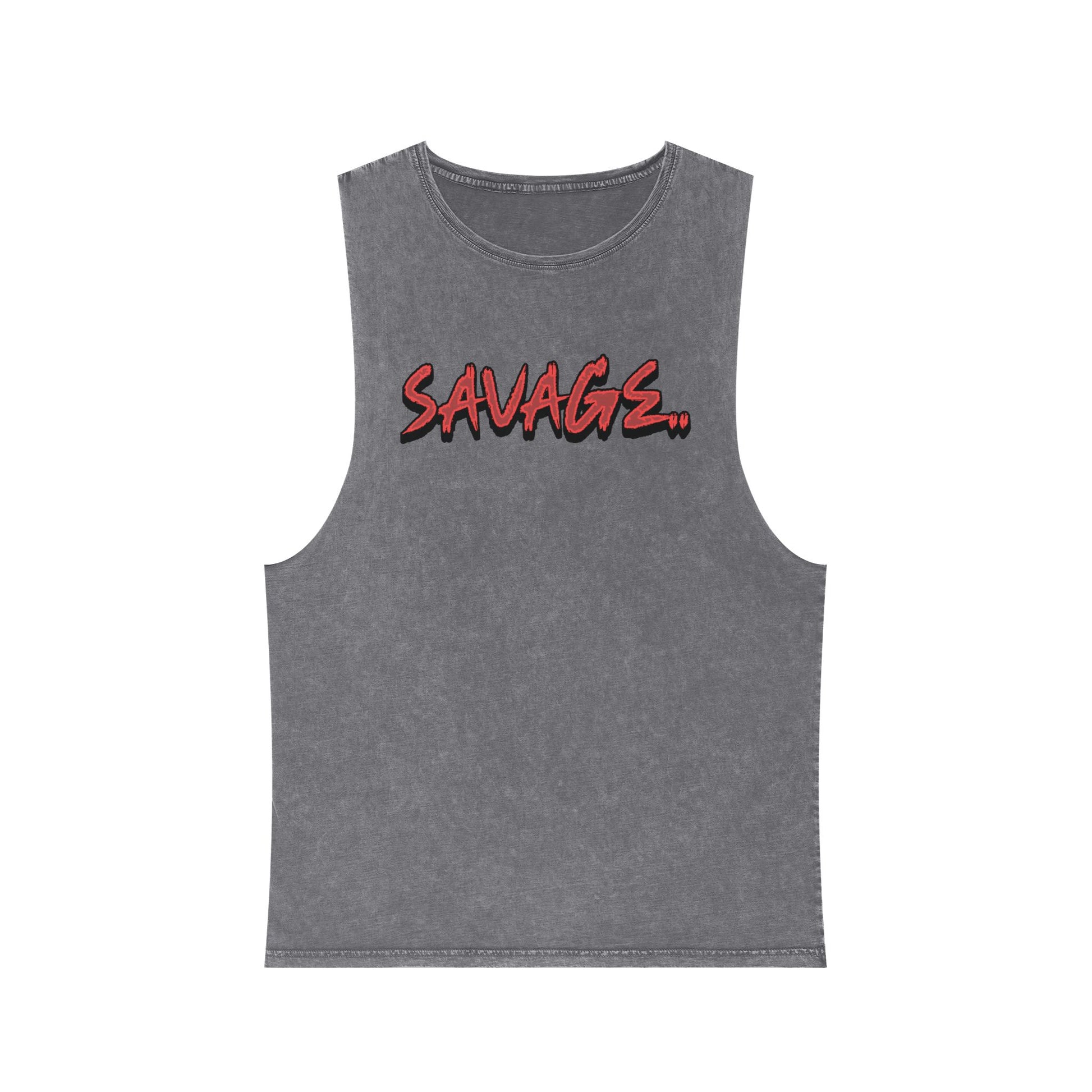 Savage Stonewash Tank Top, Unisex Casual Wear, Edgy Summer Trend, Graphic Tee for Festivals, Workout and Everyday Style